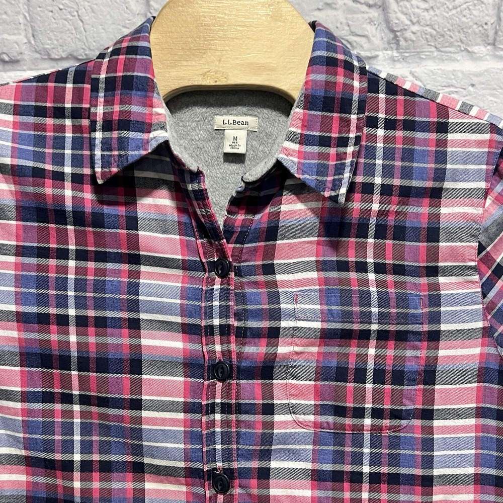 LL Bean Women Button Up Pink Plaid Fleece Lined Flannel Shirt Jacket Size Medium